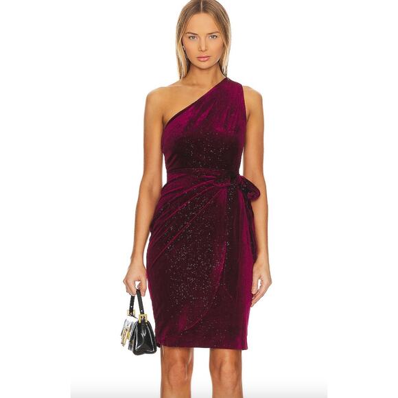 BCBGeneration Revolve One Shoulder Velvet Midi Dress Size 4 Metallic Burgundy - Picture 1 of 14